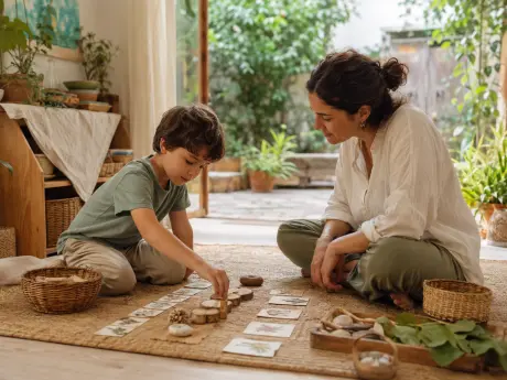 Bahçeye açılan doğal bir ortamda uzmanla birlikte bireysel etkinlik yapan çocuk